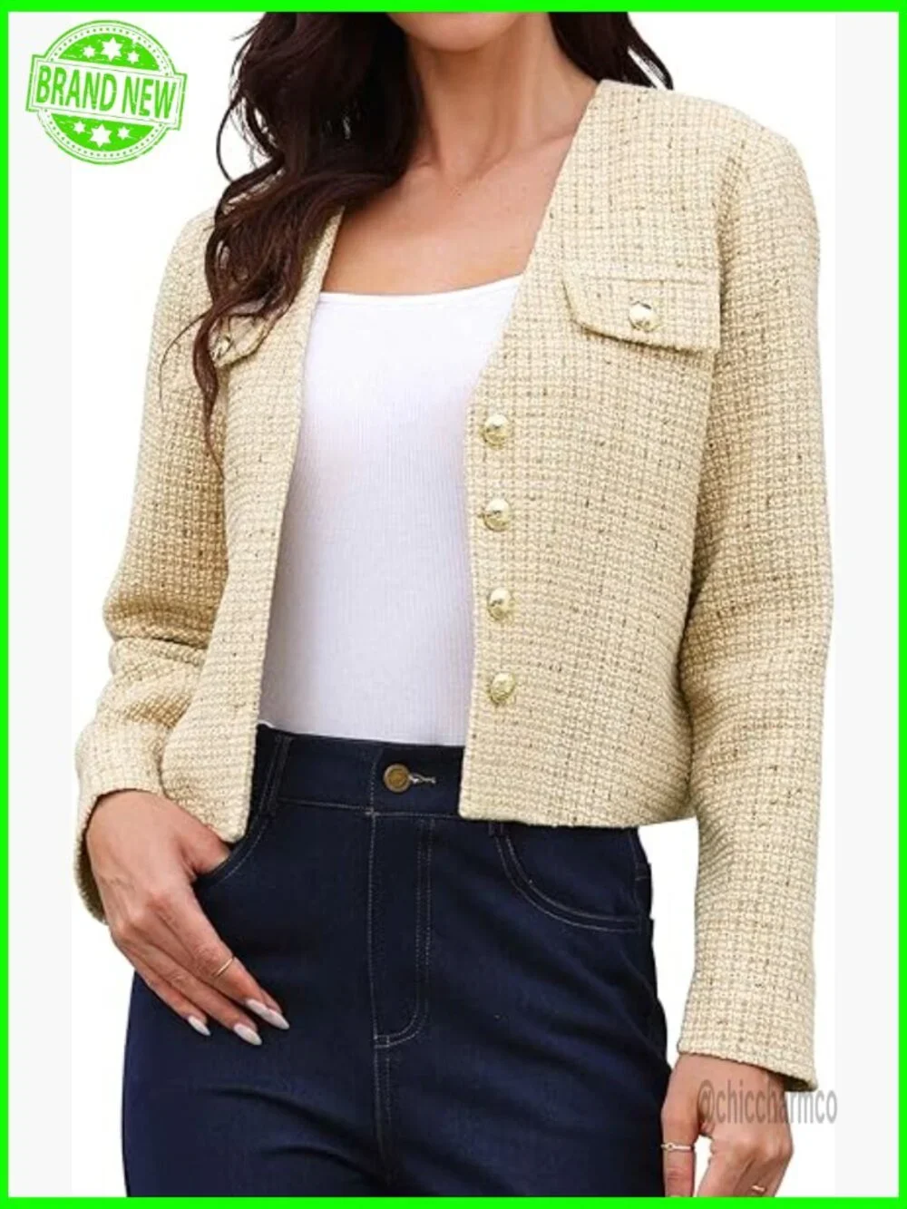 Tweed Blazer Women Cropped Long Sleeve Button Down Collarless Business Casual